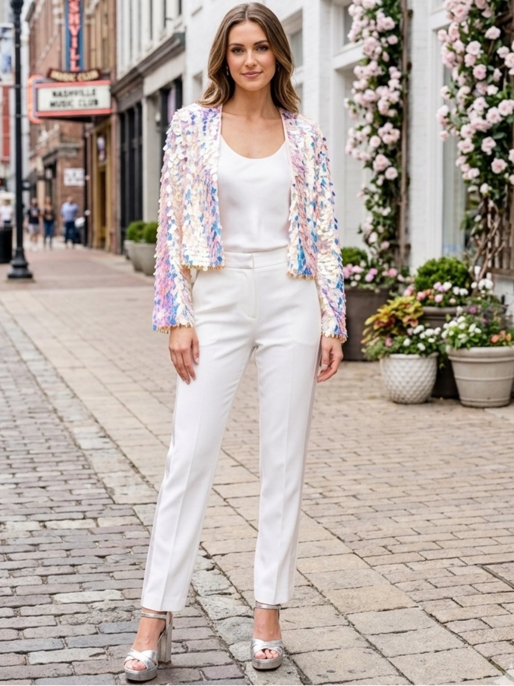 NEW blue b Pink Purple Opalescent Iridescent Pastel Allover Square Sequin Jacket